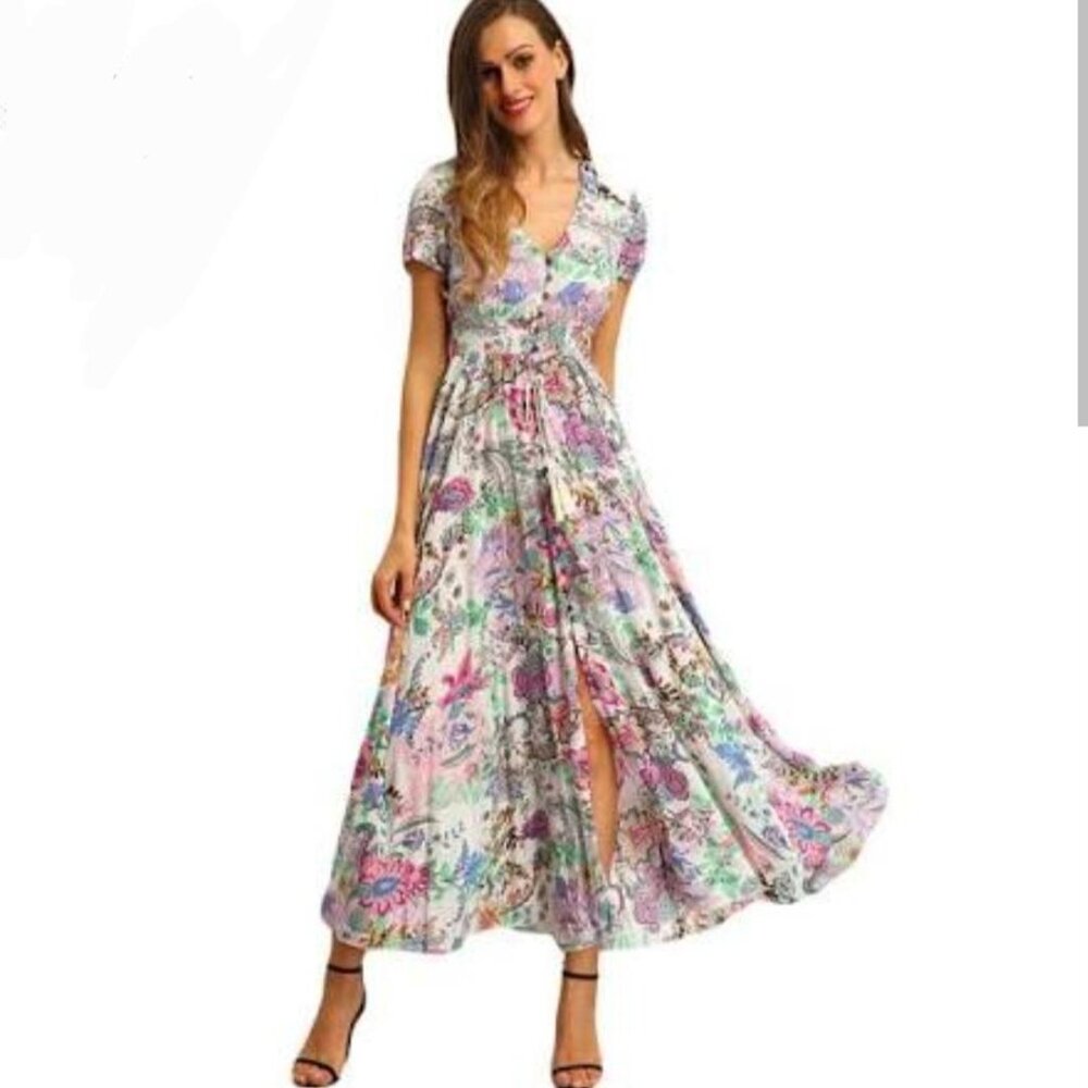 Floral Button Split Flare Front Maxi Dress